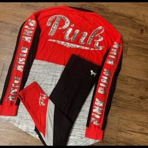 VS PINK BLING COLORBLOCK CAMPUS SHIRT AND YOGA LEGGINGS  SET S